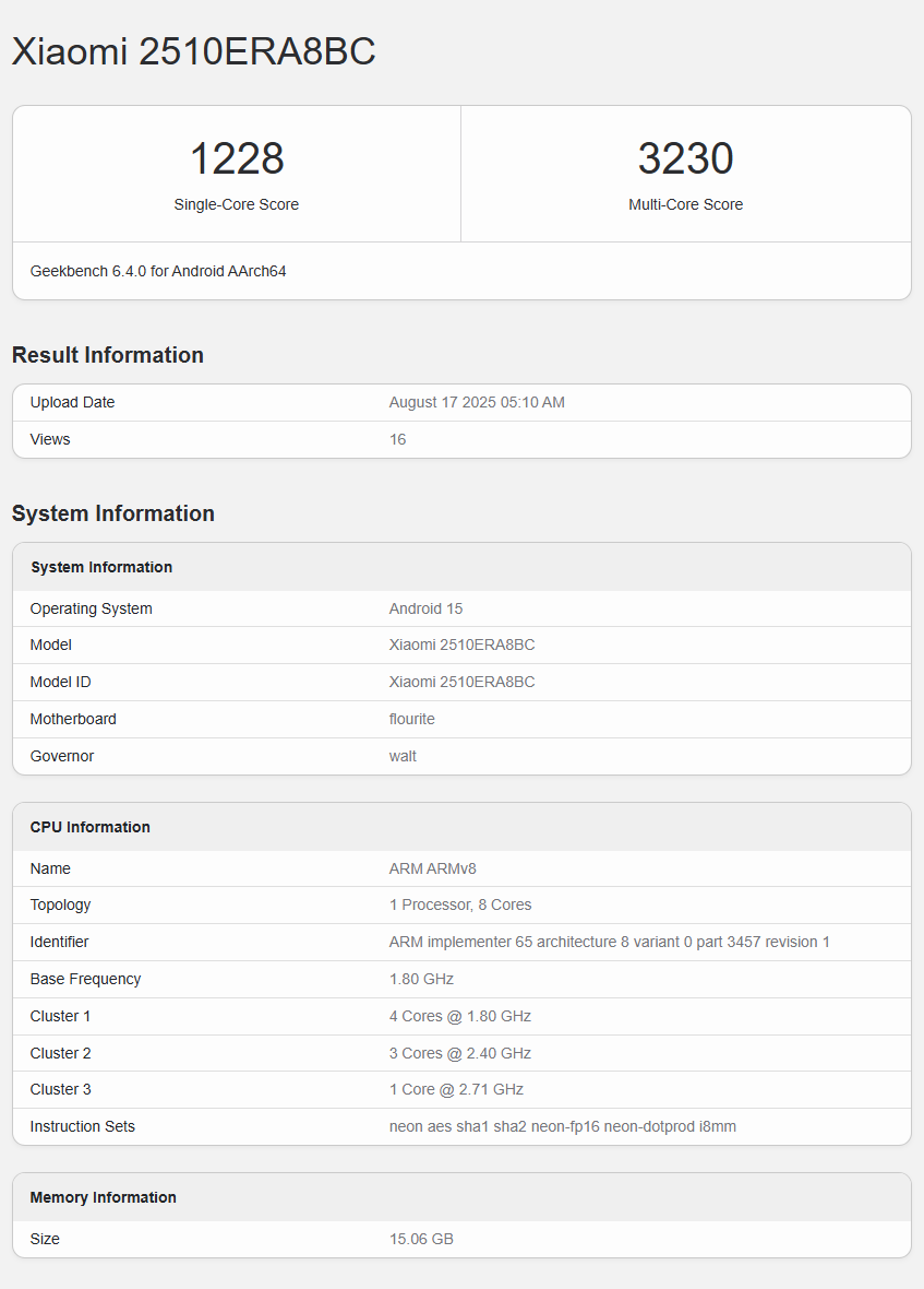 Redmi Note 15 Pro+ Geekbench 6.4.0