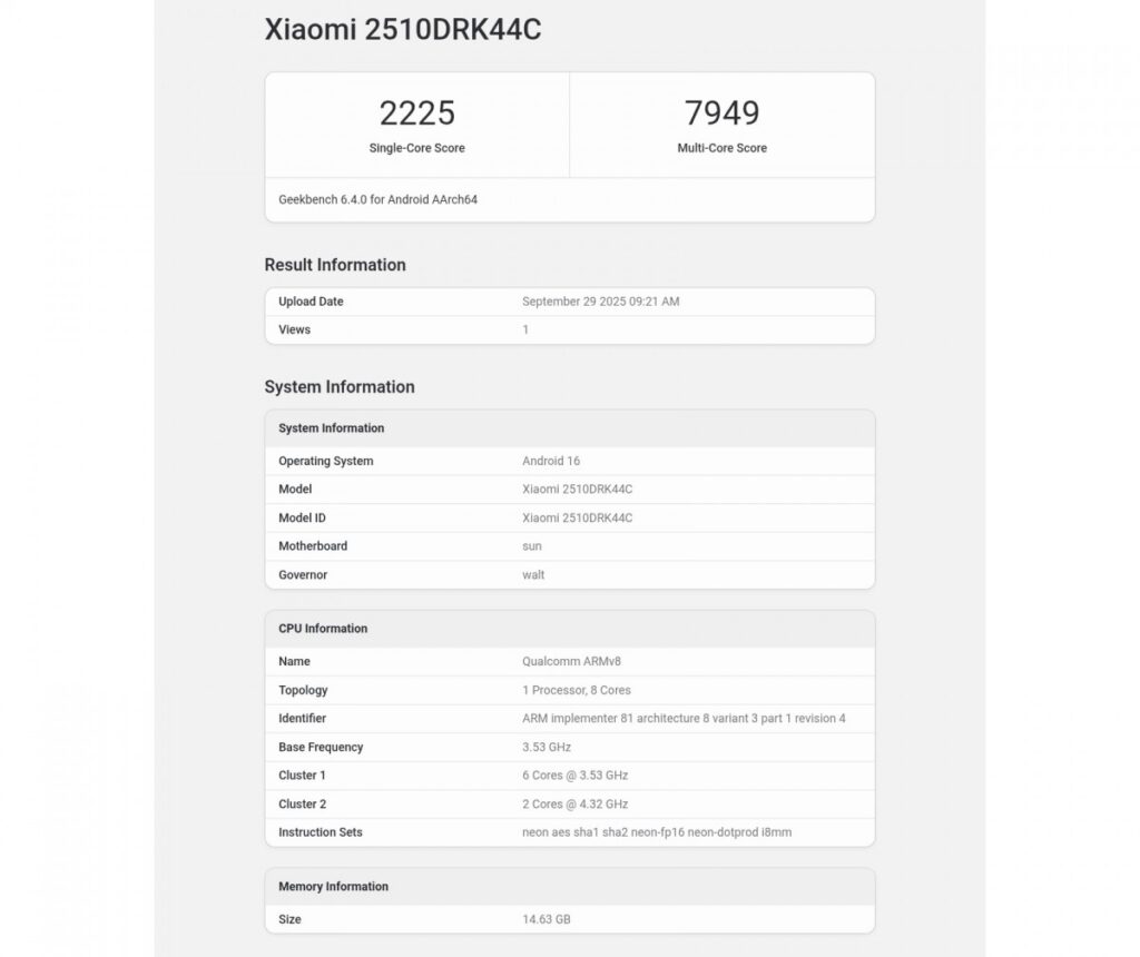 Redmi K90 Geekbench