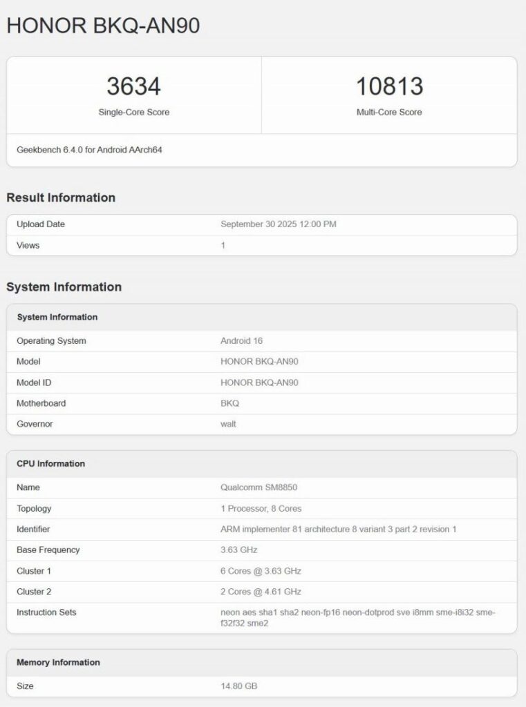 Honor Magic 8 Pro Geekbench