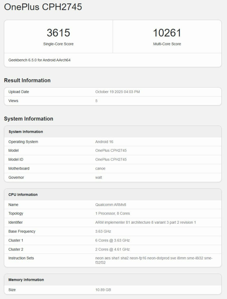 OnePlus 15 Global Geekbench