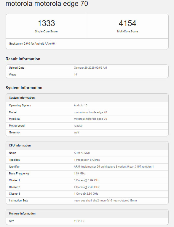 Moto Edge 70 Geekbench