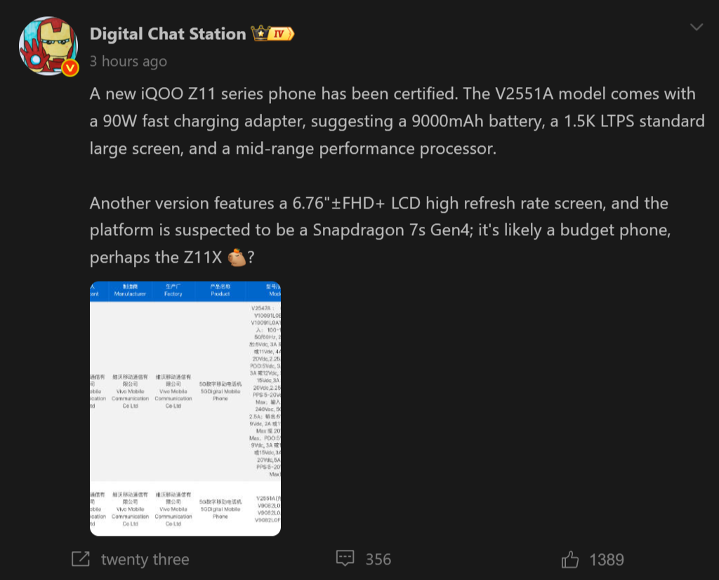 iQOO Z11: certificazioni e rumor svelano display 1.5K LTPS, batteria ~9000mAh e ricarica 90W