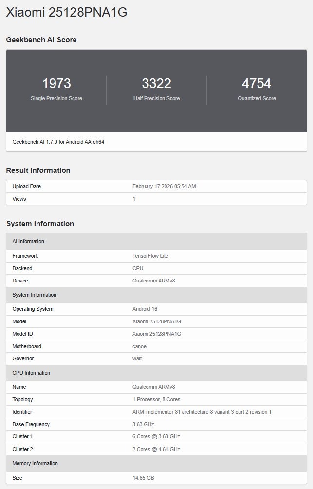 Xiaomi 17 Ultra Leica Edition su Geekbench