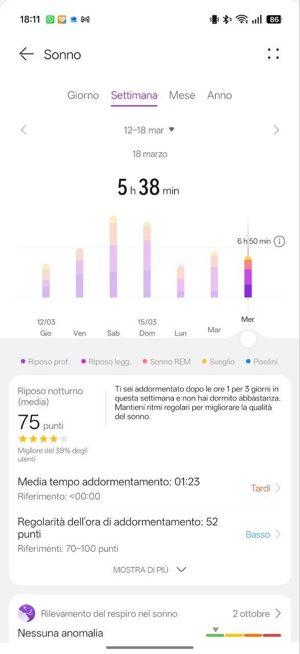 Huawei Health — schermata Sonno