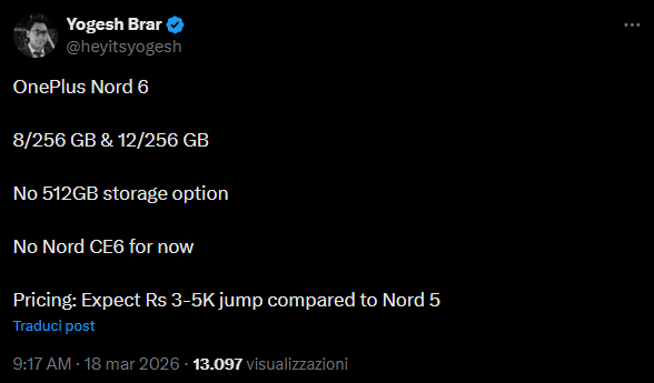 Leak OnePlus Nord 6 — post di Yogesh Brar su X