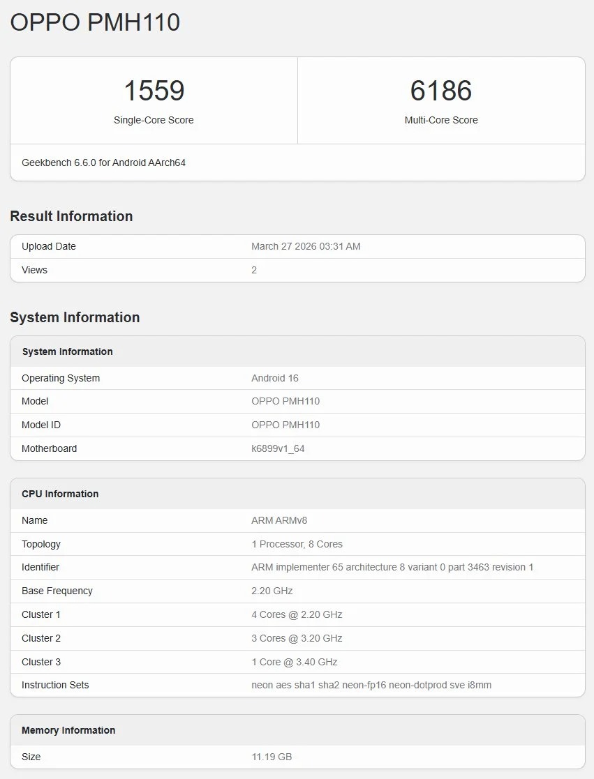 Oppo K15 Pro scheda Geekbench con Dimensity 8500 e 12GB RAM