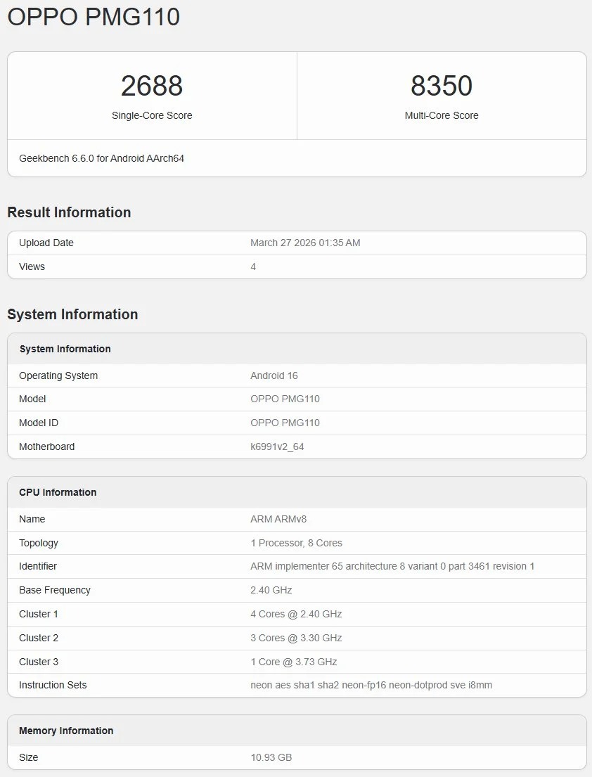 Oppo K15 Pro Plus scheda Geekbench con Dimensity 9500s e 12GB RAM