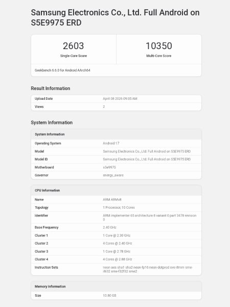 Screenshot del benchmark Geekbench dell'Exynos 2700 per Galaxy S27