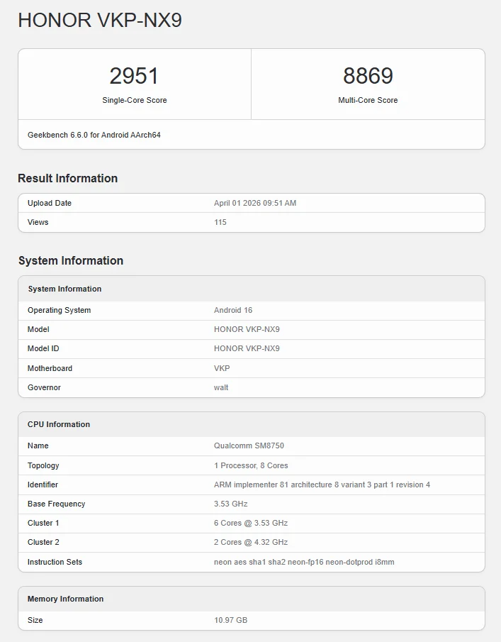 Honor 600 Pro Geekbench