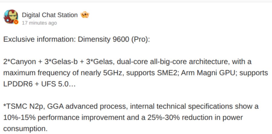 MediaTek Dimensity 9600 Pro, leak su core e specifiche prestazionali