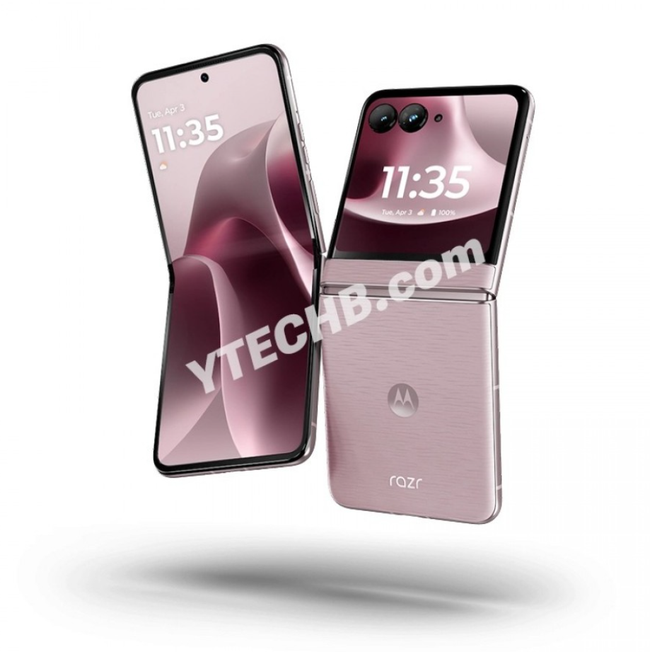 Render del Motorola Razr 70 con design a conchiglia e cover display