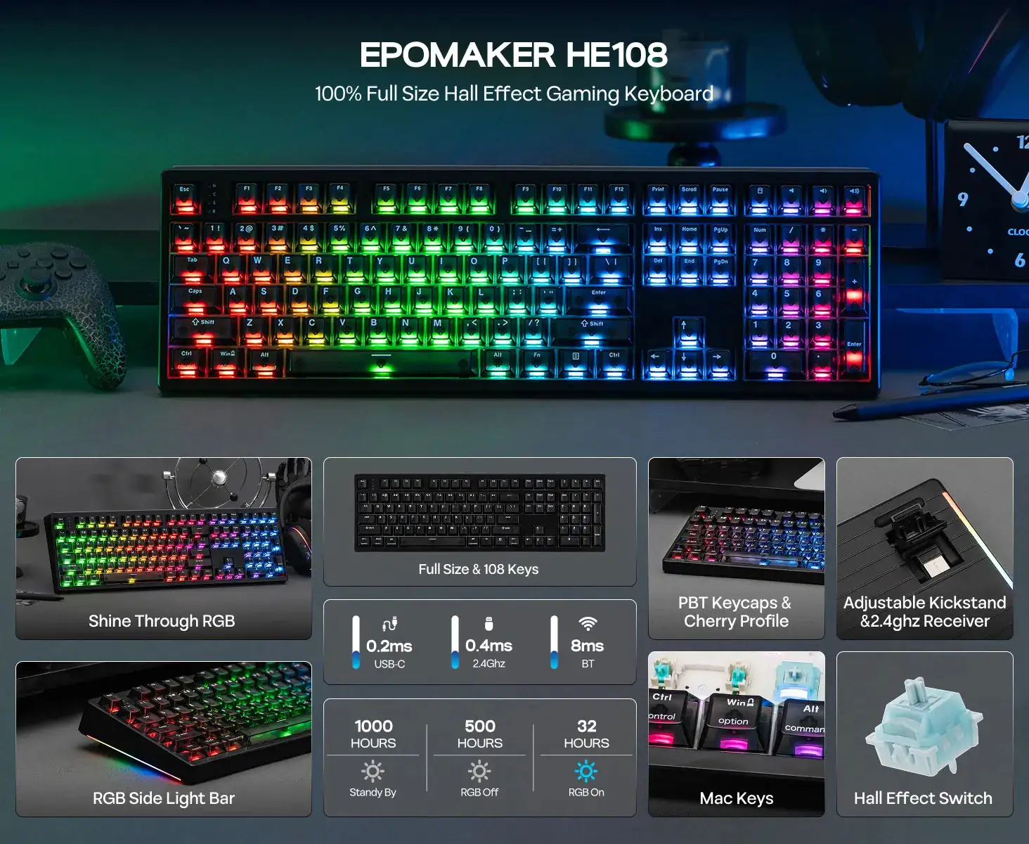 EPOMAKER 推出全配列磁轴键盘 HE108，10000mAh 电池续航 500 小时