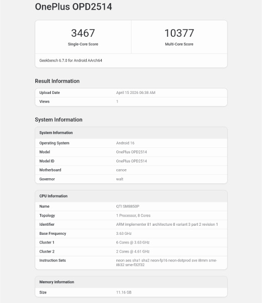 Global OnePlus Pad 3 Pro Geekbenc