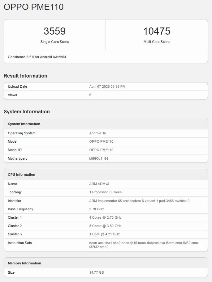 Benchmark Geekbench di OPPO Find X9s Pro