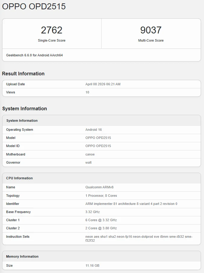 OPPO Pad Mini benchmark Geekbench