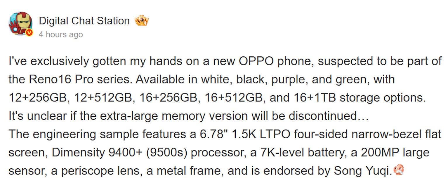 Oppo Reno16 Pro specifiche leak