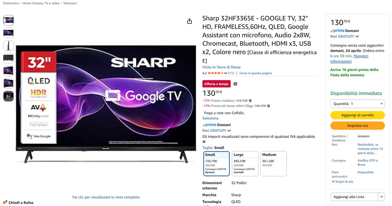 Sharp 32HF2365E Google TV offerta Amazon
