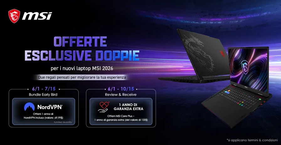 Banner MSI con notebook gaming 2026 e offerte Early Bird Bundle e Review & Receive