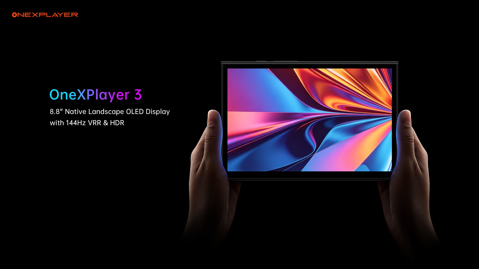 The OneXPlayer 3 handheld device features an 8.8 native landscape OLED display with 144Hz VRR and HDR, shown with a vibrant abstract wallpaper.