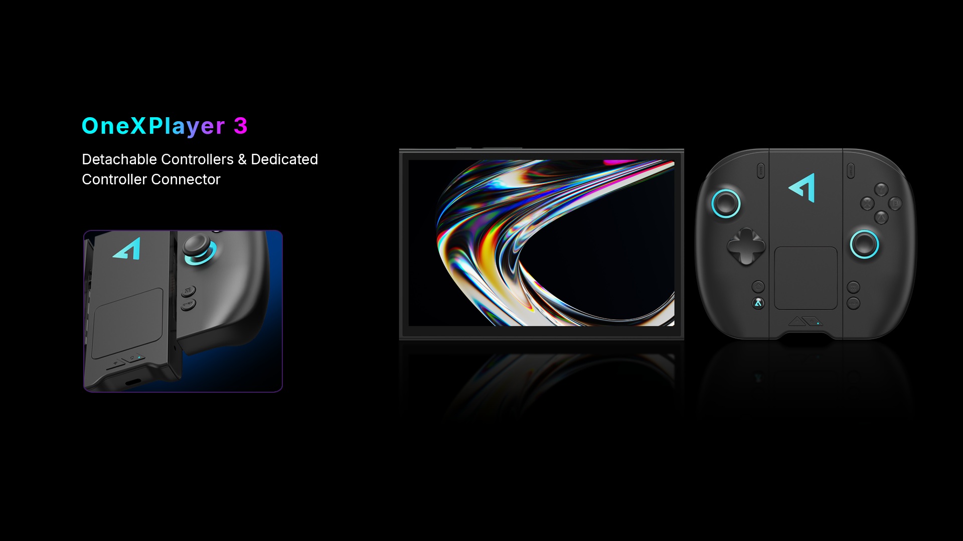 The image shows the OneXPlayer 3 with detachable controllers and a dedicated controller connector, featuring a colorful display and the OneXPlayer logo on the controllers.