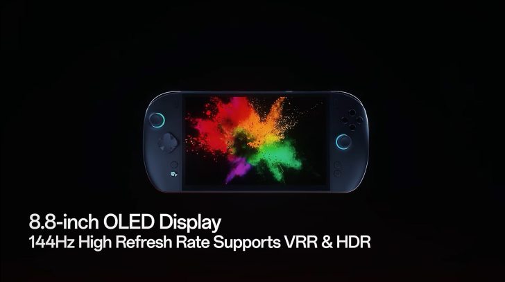 A gaming handheld with an 8.8-inch OLED display is shown, with text below reading '8.8-inch OLED Display 144Hz High Refresh Rate Supports VRR & HDR.'