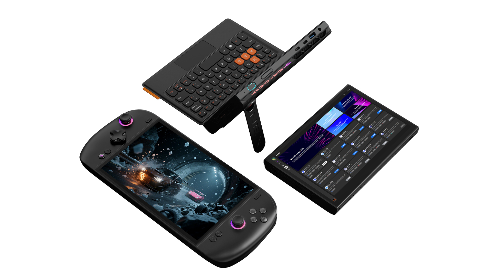 A concept design showcasing a handheld gaming console, a device with a foldable keyboard featuring 'Snap Computer & Indiegogo Punker' text, and a tablet displaying a user interface with multiple app cards.