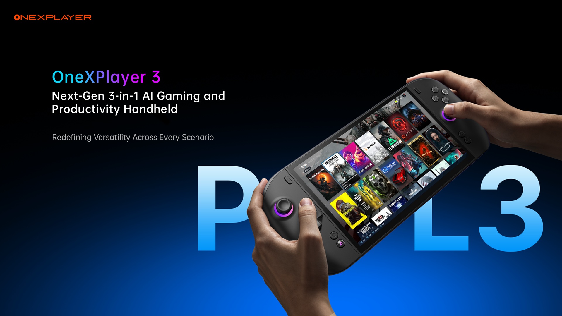 The image shows a person holding a OneXPlayer 3 handheld gaming console with various game icons on its screen, and text stating 'Next-Gen 3-in-1 AI Gaming and Productivity Handheld.'