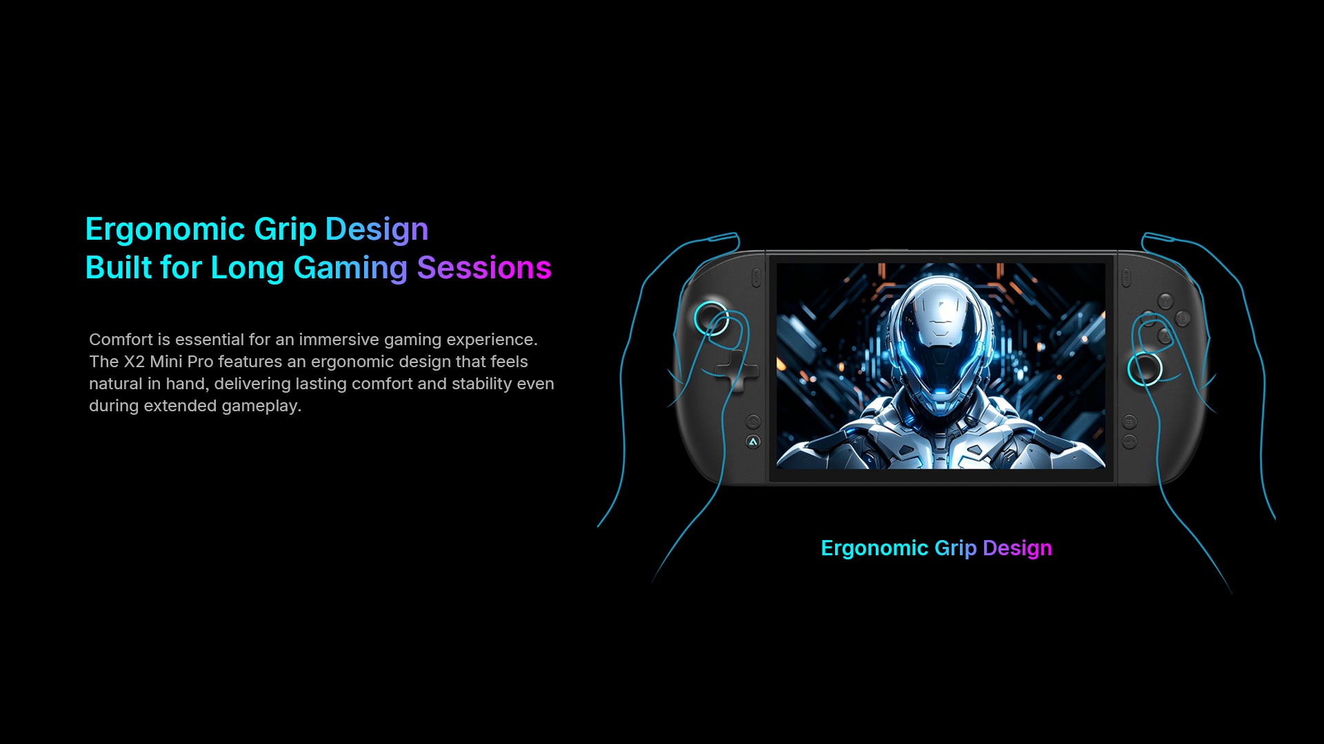The X2 Mini Pro features 'Ergonomic Grip Design' for comfort during long gaming sessions, shown with a futuristic character on its screen.