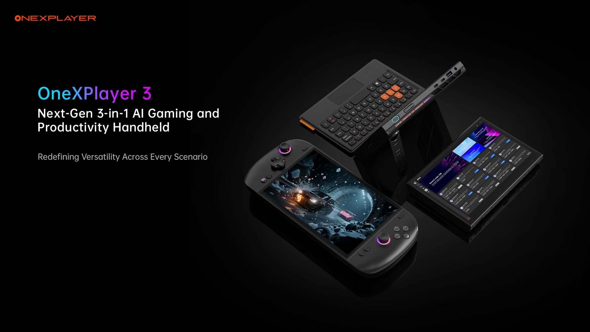 The image features the OneXPlayer 3, a next-gen 3-in-1 AI gaming and productivity handheld, with an on-screen game showing a car racing scene, alongside a detachable keyboard and a large display showing multiple app interfaces.