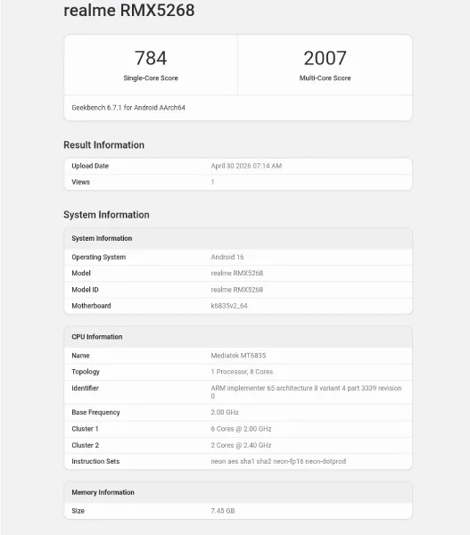 Realme 16T Geekbench