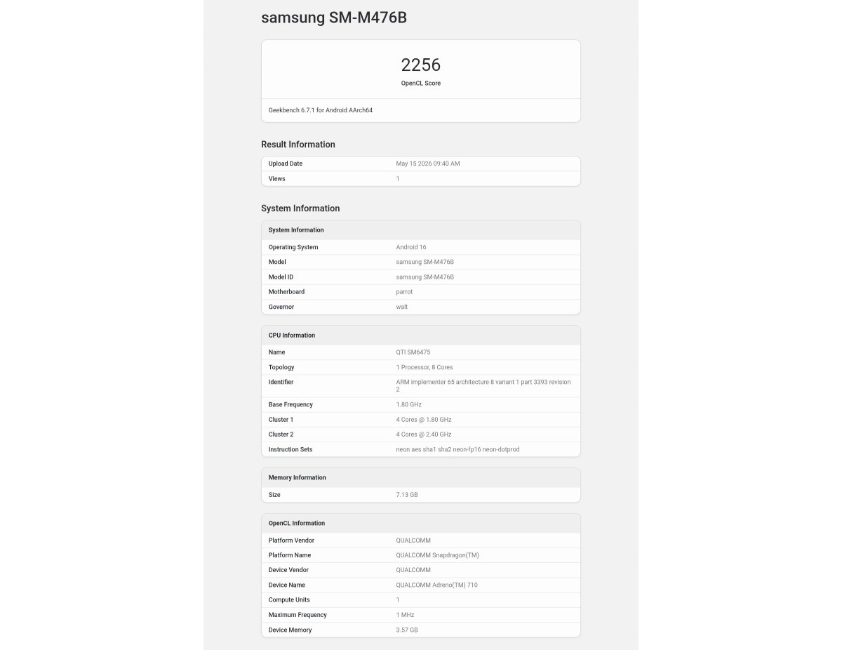 Samsung Galaxy M47: Snapdragon 6 Gen 3 e Android 16 nel benchmark