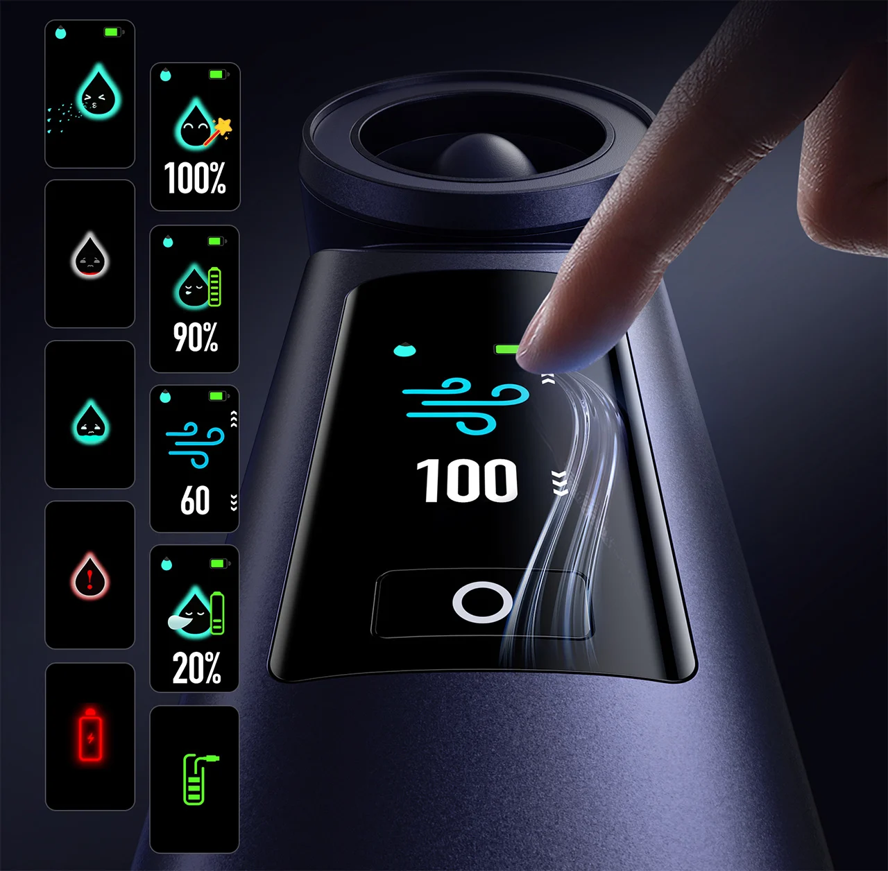 Smart kettle display showing 100% readiness with air/wind icon and finger tapping the lid; side column shows additional status cards with percent values and icons.