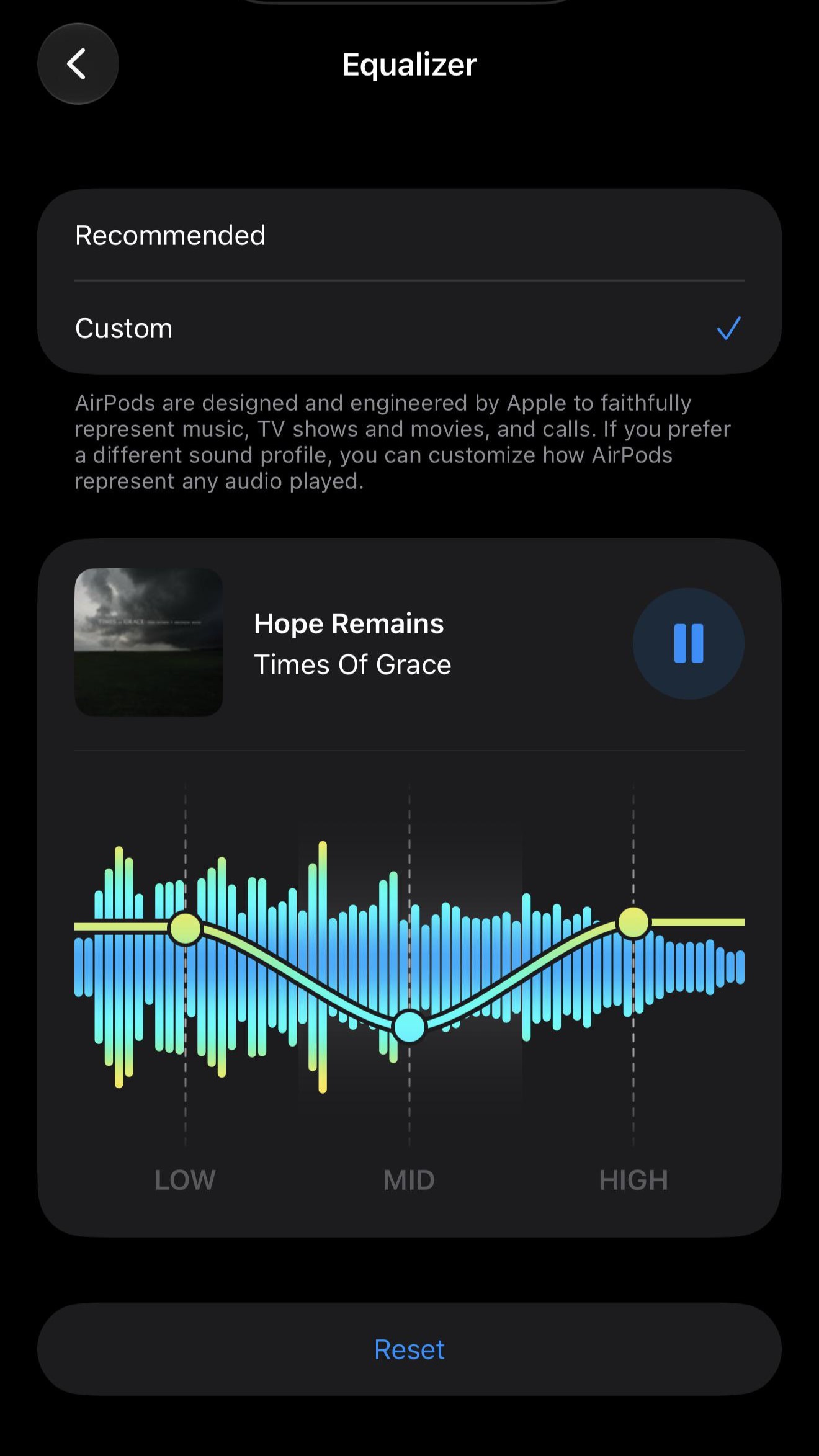 Apple AirPods custom EQ settings menu
