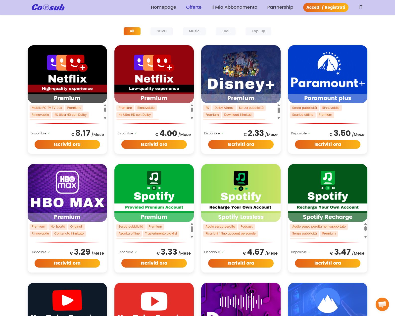 Catalogo Coosub con prezzi aggiornati per Netflix Disney Plus Paramount Spotify YouTube e altri abbonamenti digitali