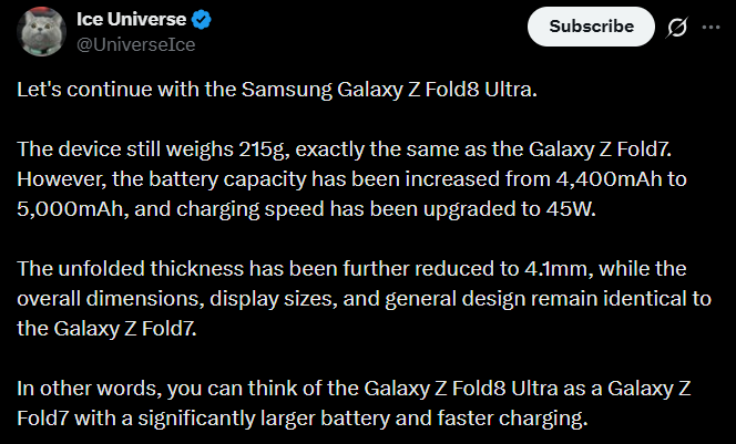 Galaxy Z Fold 8 Ultra specs tipped: packs larger battery, weighs the same, screenshot articolo