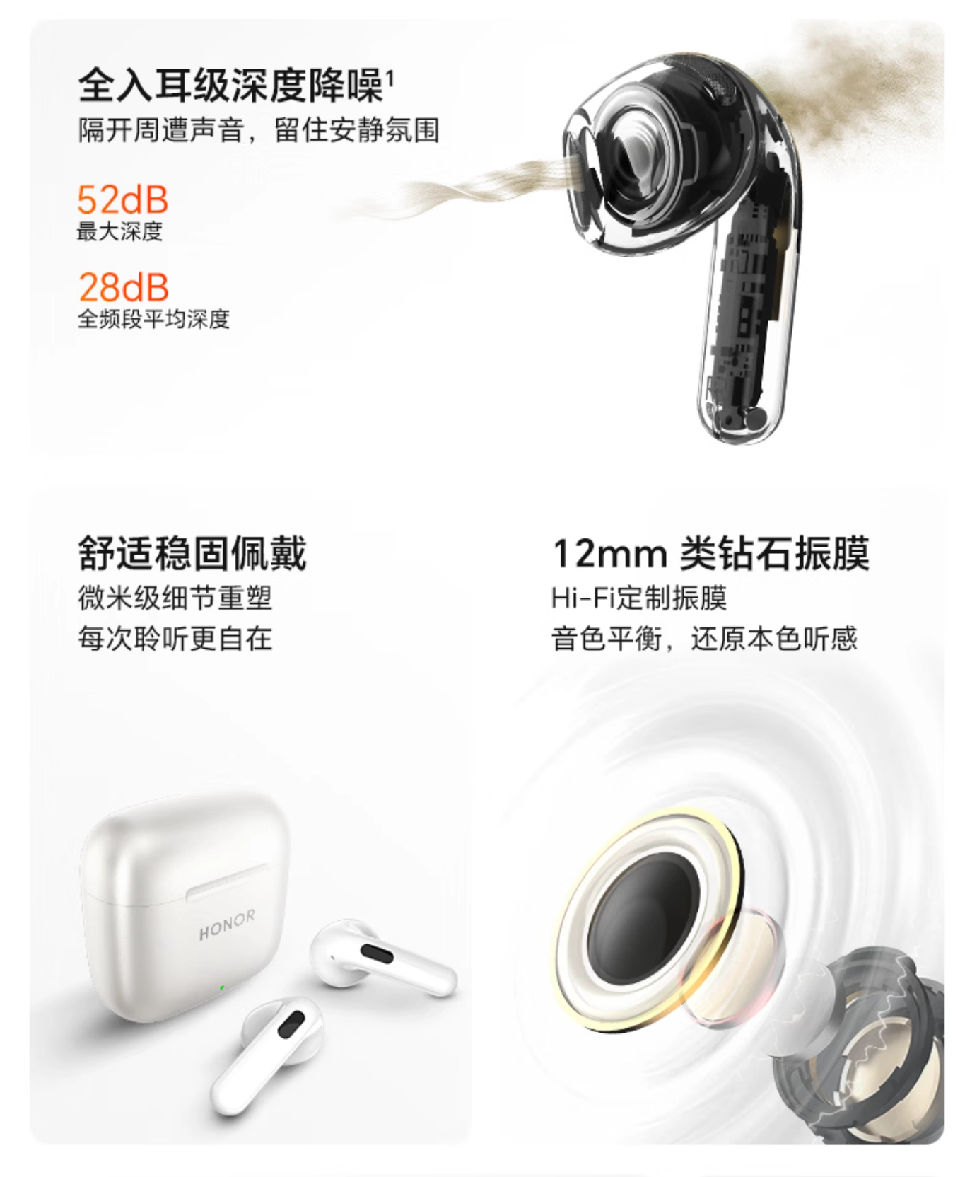 荣耀 Earbuds 5e 半入耳耳机开售:最大降噪深度 52dB,首发 299 元