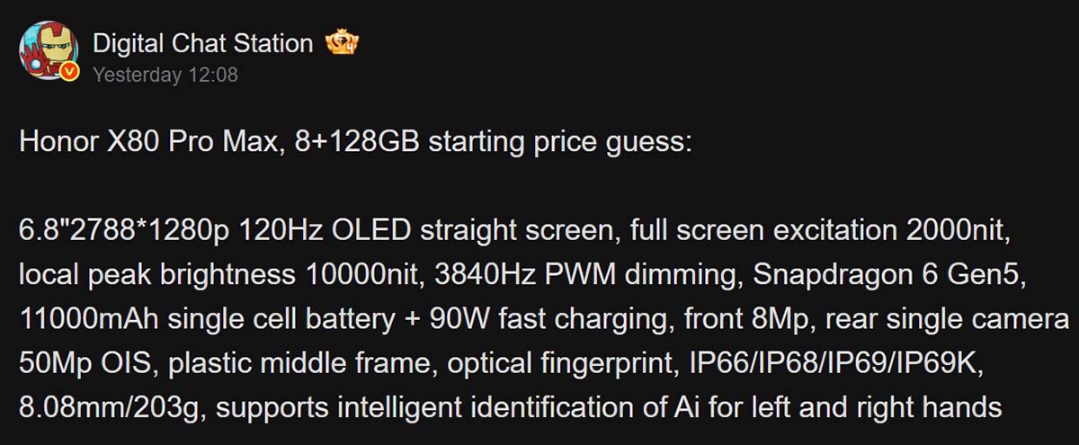 Honor X80 Pro Max specs