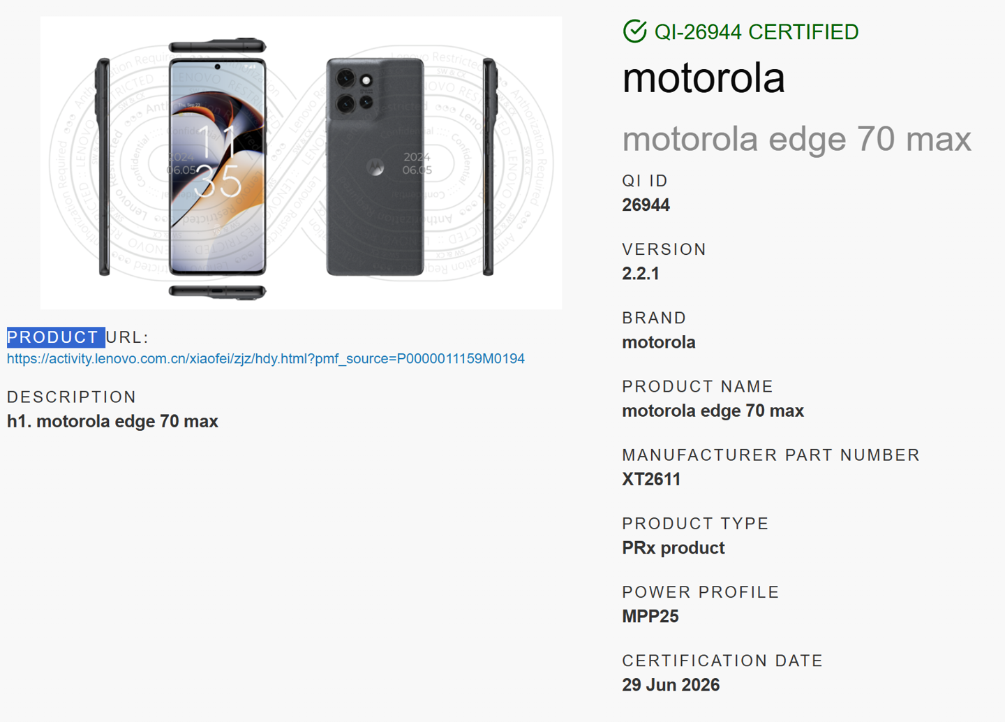 Motorola Edge 70 Max certificato Qi 2.2.1 con ricarica magnetica nativa