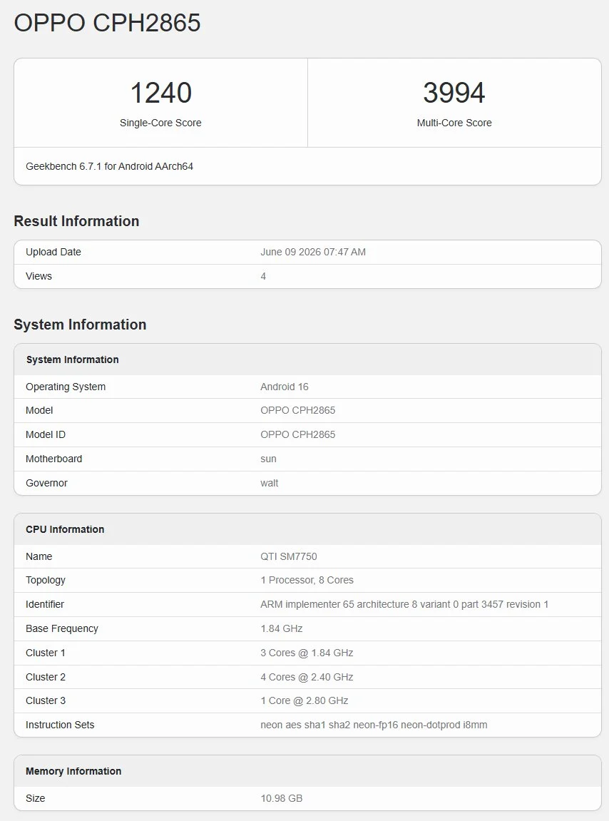 Oppo Reno 16 5G Geekbencch-