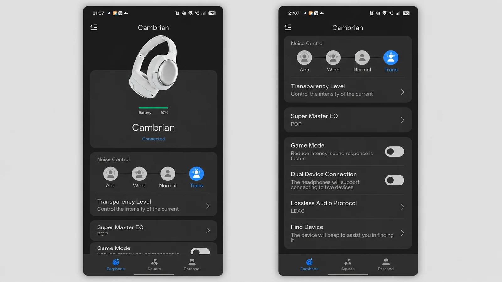 App RoseLink per Roseselsa Cambrian con modalita ANC e selezione codec
