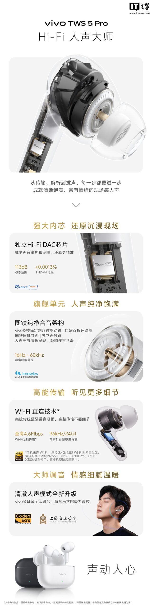 vivo TWS 5 Pro 无线耳机核心亮点公布:Wi-Fi 直连技术,至高 4.6Mbps 无损传输