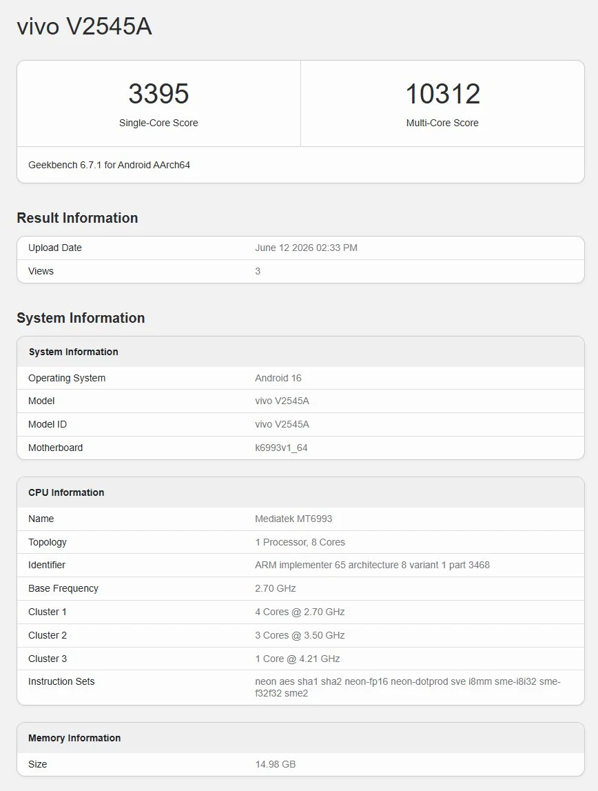 iQOO Neo 11S geekbench