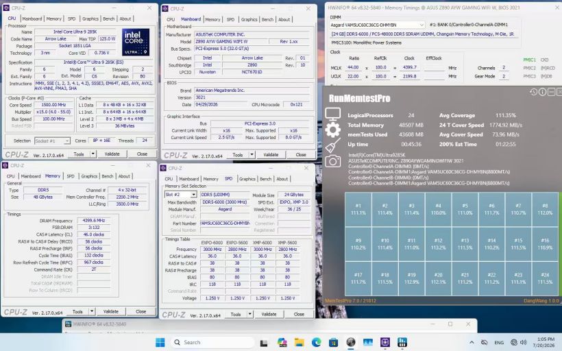 阿斯加特国产颗粒 DDR5 内存条在华硕主板实现 8800MT/s 超频