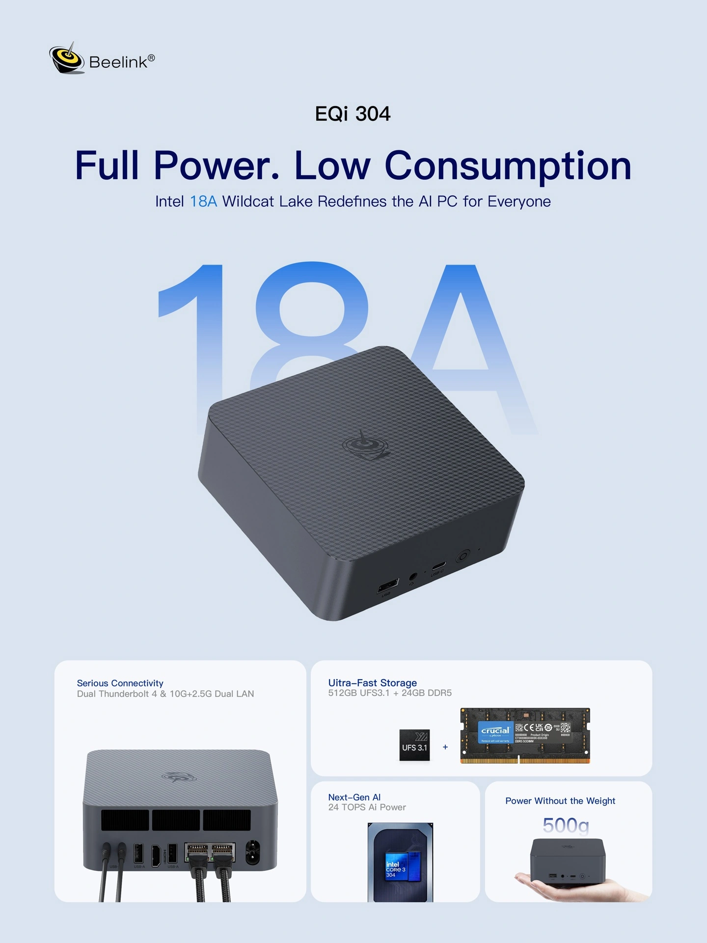 Beelink EQi 304 ufficiale: mini PC con Intel Wildcat Lake, UFS 3.1 e doppia LAN
