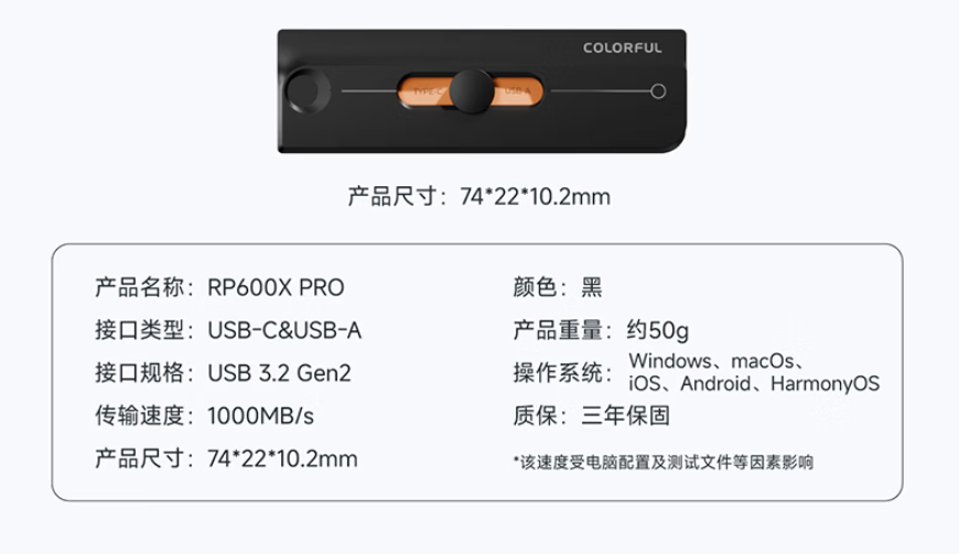 七彩虹上架 RP600X PRO 512GB 容量固态 U 盘:1000MB/s 读速,899 元
