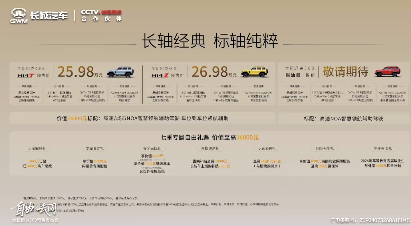 25.98 万元起,长城汽车旗下 2026 款坦克 300 SUV 开启预售