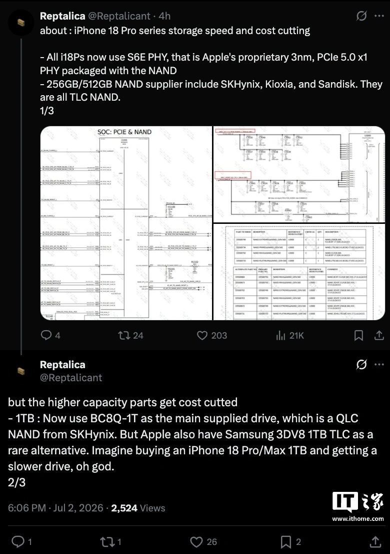 iPhone 18 Pro, indiscrezione sulla memoria: 1 TB misto TLC e QLC