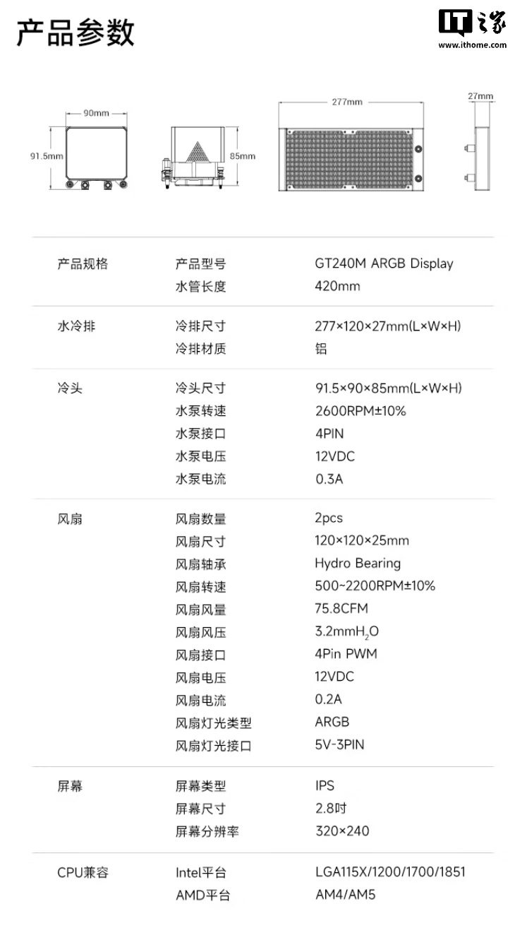 超频三推出北境 GT240M 一体式水冷散热器:2.8 英寸冷头屏,可选黑白双色,479 元起