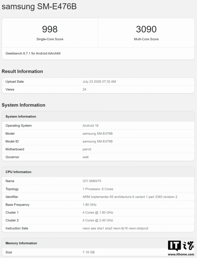 Samsung Galaxy F70 Pro appare su GeekBench con Snapdragon 6 Gen 3