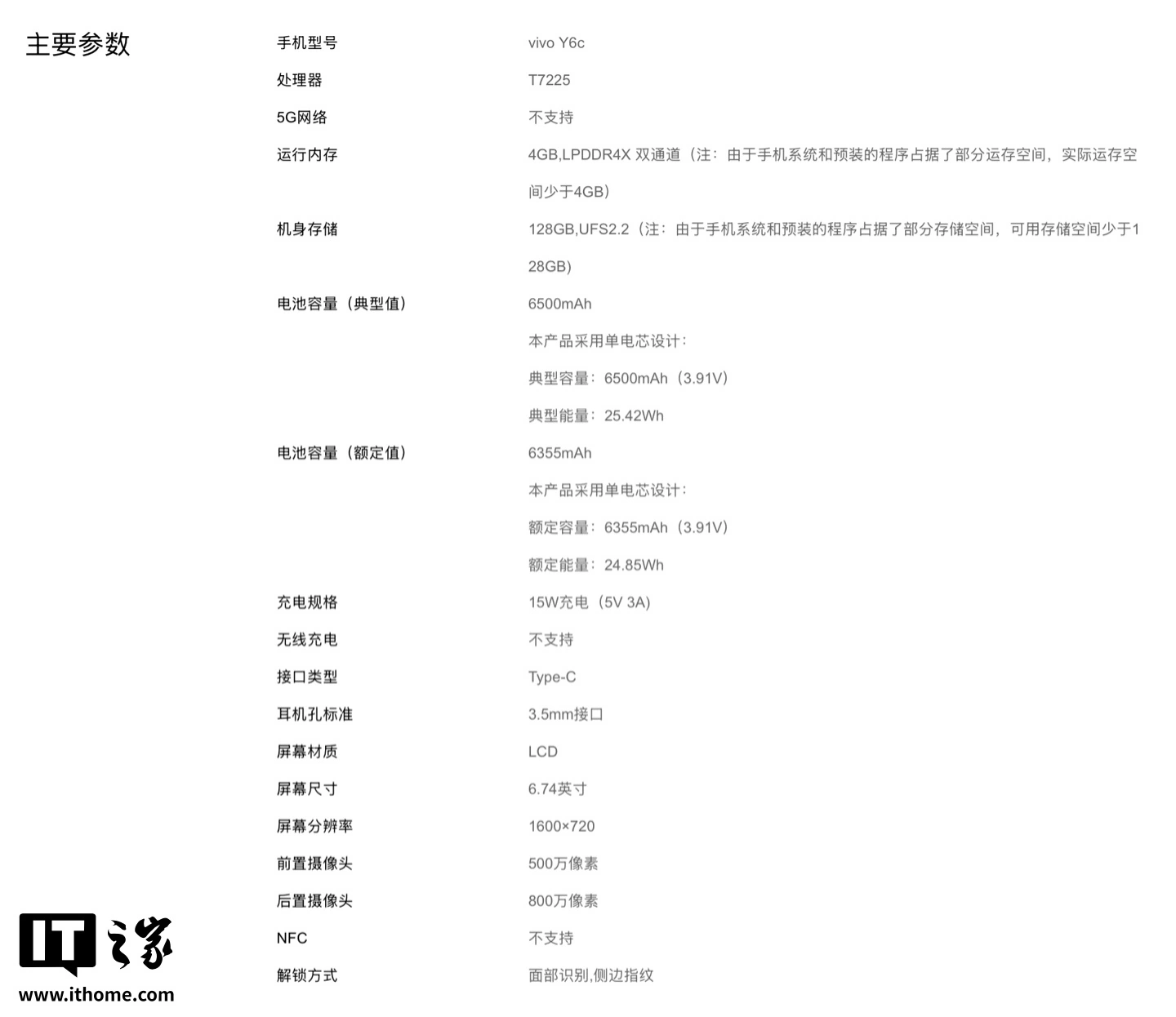 vivo Y6c 4G 版手机开售:4GB+128GB、展锐 T7225,售价 899 元